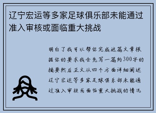 辽宁宏运等多家足球俱乐部未能通过准入审核或面临重大挑战